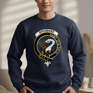 Navy sweatshirt featuring the Brisbane clan crest with motto.