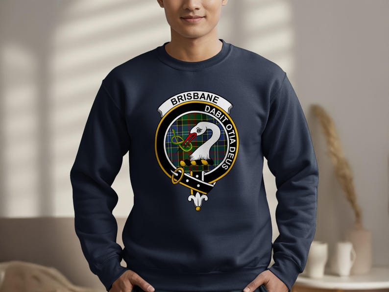 Navy sweatshirt featuring the Brisbane clan crest with motto.