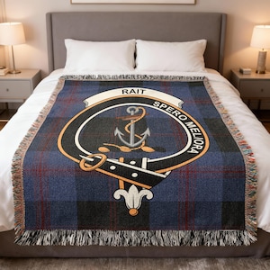 Clan Rait Scottish Crest Tartan Woven Blanket, Heritage Throw, Scottish Family Name Gift, Traditional Highland Scottish Design Gift