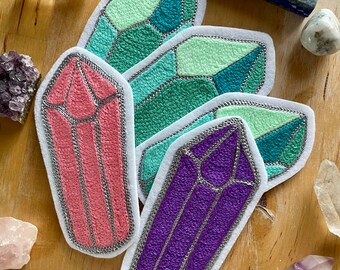 Handmade Handcranked Chainstitch Embroidered Crystal Patch Green Purple Pink Amethyst Rose Quartz