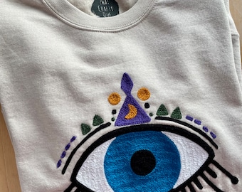 Made to Order Handmade Handcranked Chainstitch Embroidered Evil Eye Sweatshirt