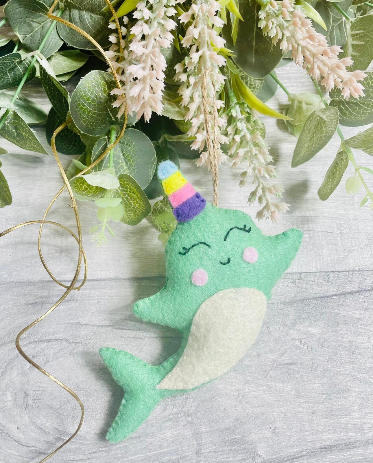 Handmade Narwhal Felt Decorations, Sea life/marine decor, Tree Ornament