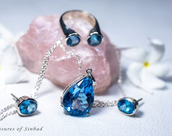 Blue Topaz Set : Pendant/Ring/Earrings in Sterling Silver
