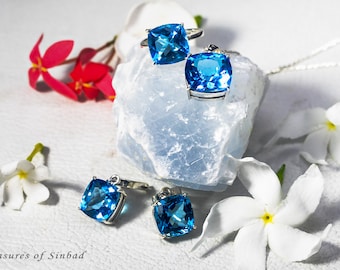 Charm Blue Topaz Set: Pendant/ring/earrings, Sterling Silver