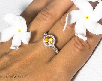 Yellow Sapphire&Diamonds Engagement Ring, White Gold 14K