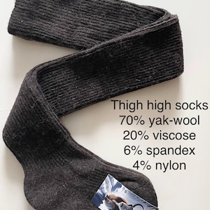 Calcetines de lana de yak o camello por encima del muslo, extremadamente cálidos, elegantes, inserciones de botas de goma, la mejor lana Chocolate