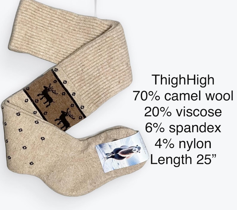 Calcetines de lana de yak o camello por encima del muslo, extremadamente cálidos, elegantes, inserciones de botas de goma, la mejor lana 70% Camel Wool