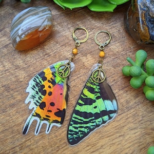 Real Madagascar Sunset Moth Earrings, Real Butterfly Earrings, Peace Sign Charms, Real Butterfly Jewelry