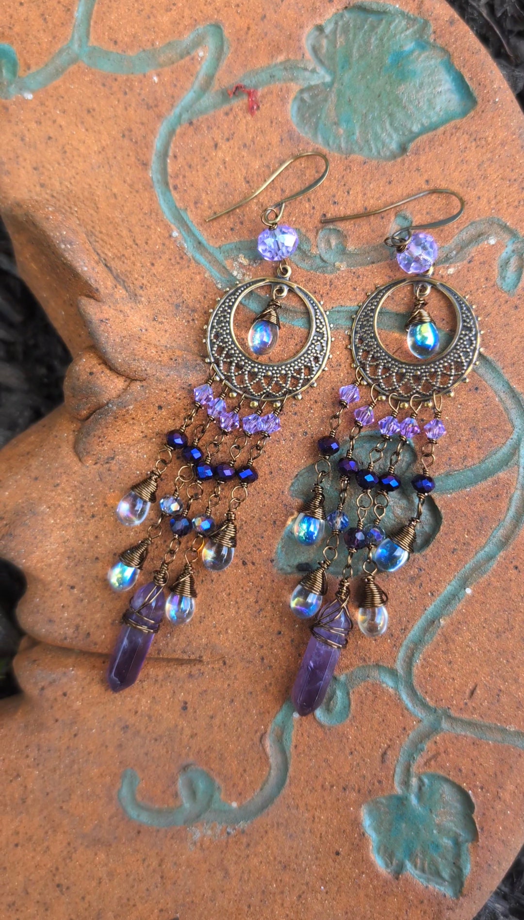 70s Inspired Hippie Dangles, Purple Earrings