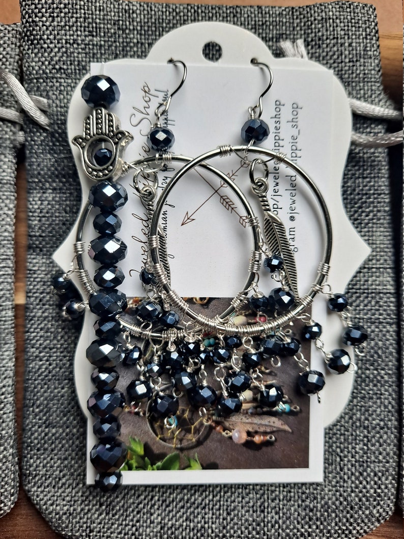 Glam Hoops Bohemian Style Black Shimmer Dangle Hoops with Feather Charm