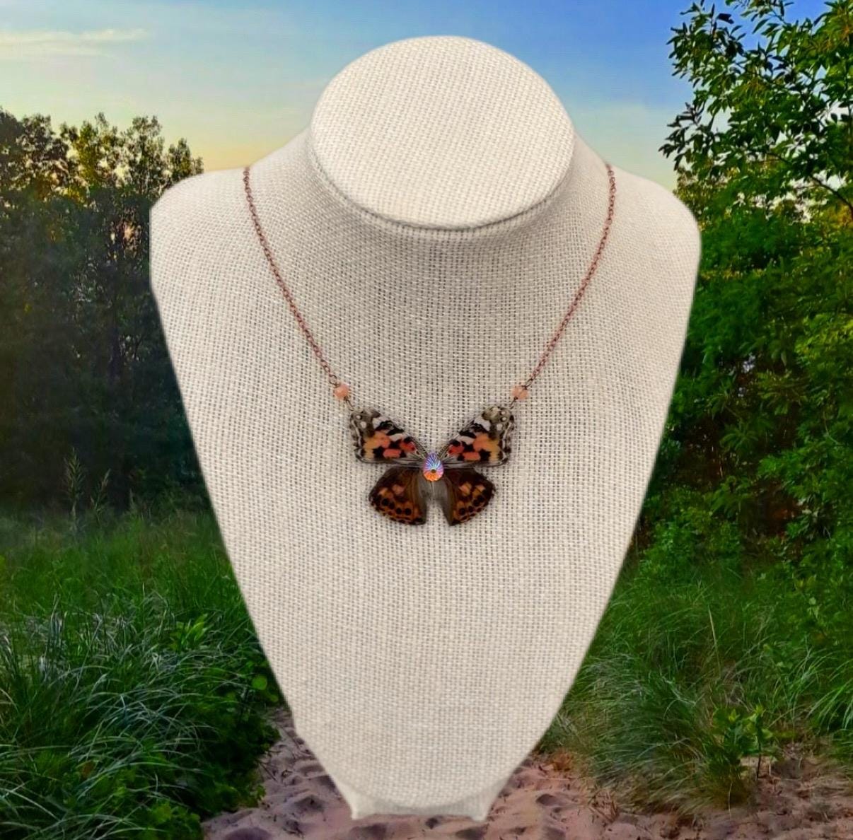 Painted Lady Butterfly Wing Necklace, Real Butterfly Wing Jewelry
