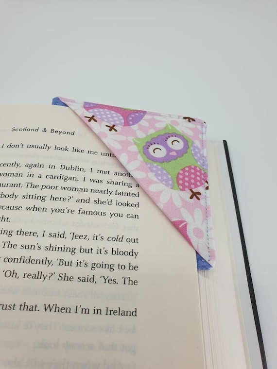 Fabric Corner Bookmark pink owls, Bookmark, Corner Bookmark