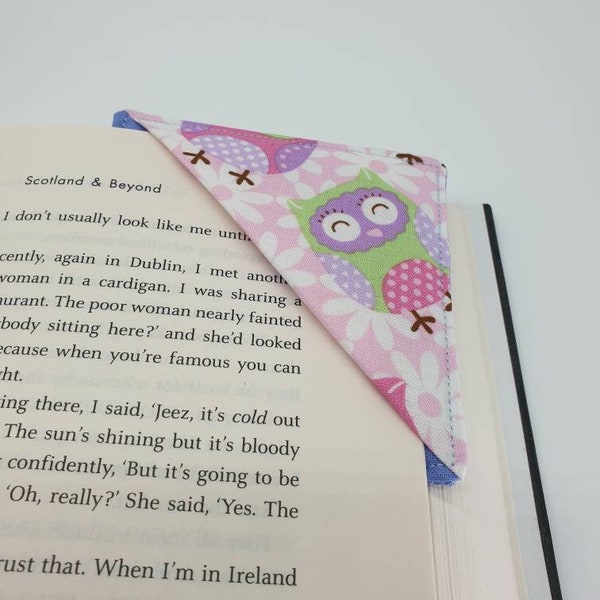 Fabric Corner Bookmark pink owls, Bookmark, Corner Bookmark