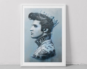 May include: A blue and white portrait of a man wearing a crown and a high-collared garment. The image is in a white frame.