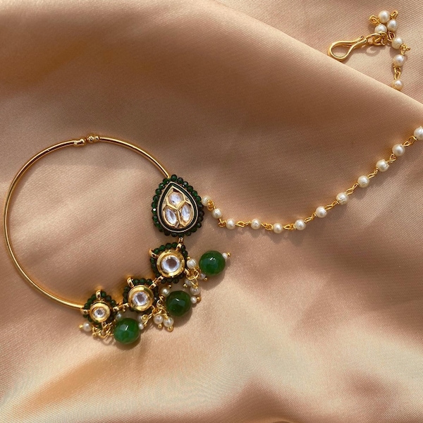 Gold Plated Kundan Bridal Clip On Nath (Nose Ring)