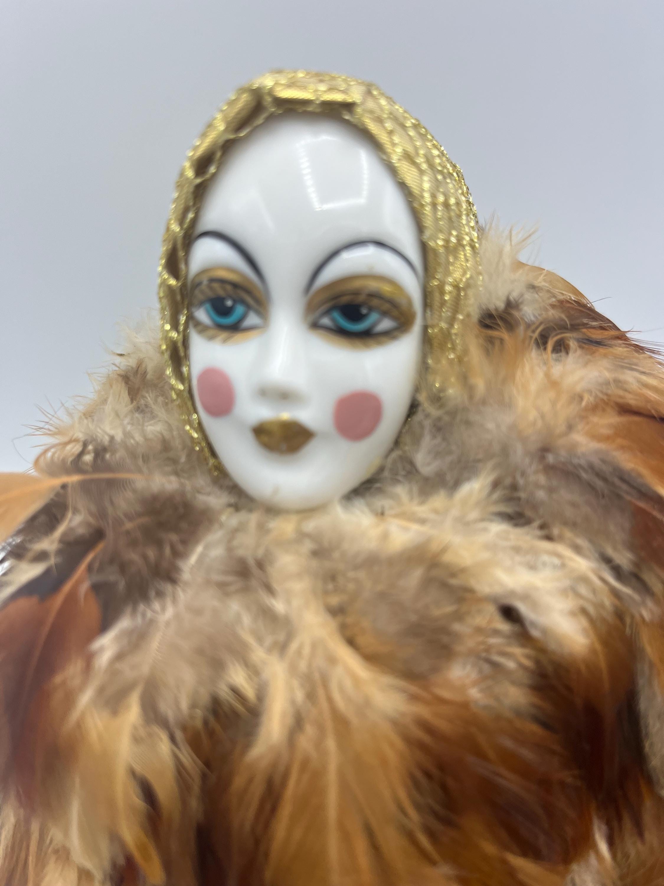 Vintage Venetian Carnival Porcelain Doll With Golden Clothes and