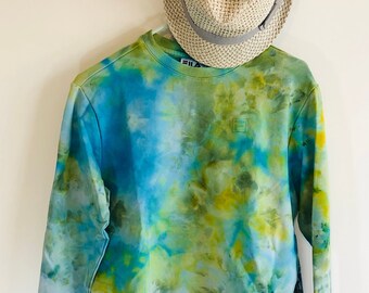 Tie-dye sweater met zakken, blauwgroen/geel