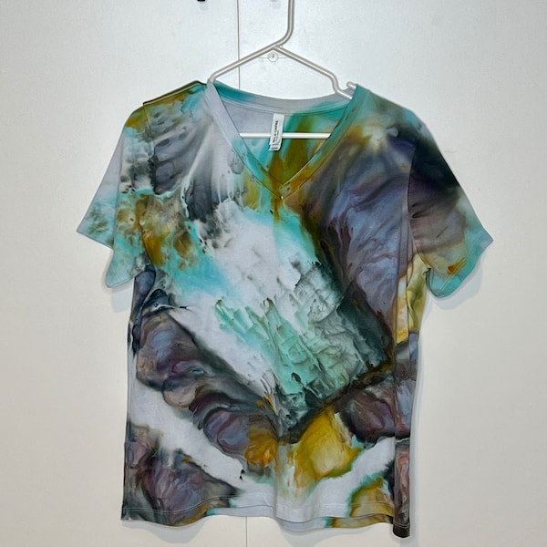Reimagined peacock abstract ice dyed v-neck t shirt LARGE