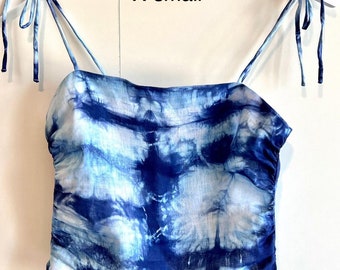 Shibori dyed draped camisole linen top.