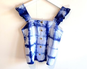 Shibori linen blend button front tank top with ruffle straps- medium