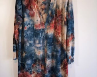 Women’s tie dye duster cardigan rust/blue/tan