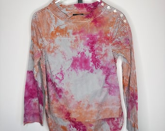Orange/ pink over black and white striped high low blouse- Sm