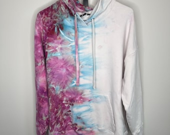 Fuschia Blue Ice Dye Hoodie – Half and Half Pocket Sweatshirt (X-Large)