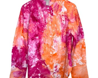 Orange/ pink ice dyed Poplin Tuxedo Shirt medium