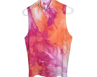 Pink and orange abstract  ice dyed tank top high neck tank top-Large