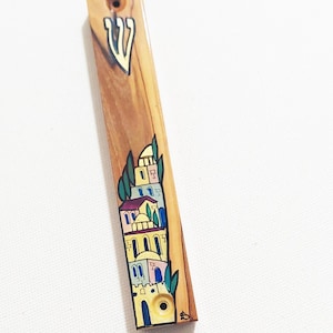 Hand-Painted Mezuzah for Door – Olive Wood Judaica Gift, Fits 4" Scroll