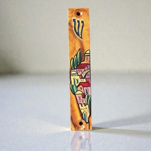 Olive Wood Mezuzah scroll case Hand-Painted Judaica Gift, Jewish Religious Decor