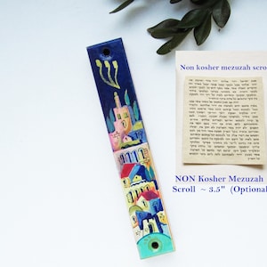 Hand Painted Mezuzah with Non Kosher Scroll: Olive Wood Jewish Gift