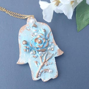 Blue & gold floral Hamsa wall hanging: Handmade olive wood Jewish good luck amulet