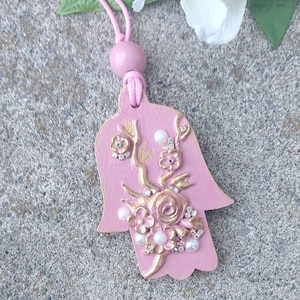 Floral Pink Hamsa Hand - Jewish Home Blessing Amulet, Judaica Gift