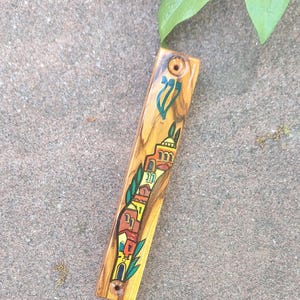 Hand-Painted Olive Wood Mezuzah Case – Jewish Religious Decor, Home Blessing Gift