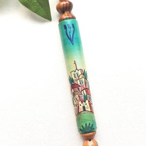Hand Painted Olive Wood Blue Mezuzah cover - Jewish Religious Decor, Judaica Gift