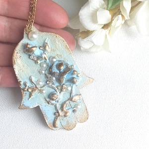 Hand-Painted Small Blue Floral Hamsa Wall Hanging – Jewish Home Protection Decor