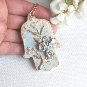 Blue Small Floral Hamsa Hand Wall Hanging: Handmade Jewish Home Blessing Amulet