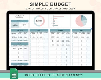 Könnte beinhalten: Ein Screenshot einer Google Sheet-Tabelle mit einer einfachen Budgetvorlage. Die Tabelle ist mit "Januar" betitelt und enthält Abschnitte für den Cashflow, Rechnungen, Ausgaben und Schulden. Die Tabelle enthält auch ein Kreisdiagramm und Balkendiagramme, um die Daten zu visualisieren.