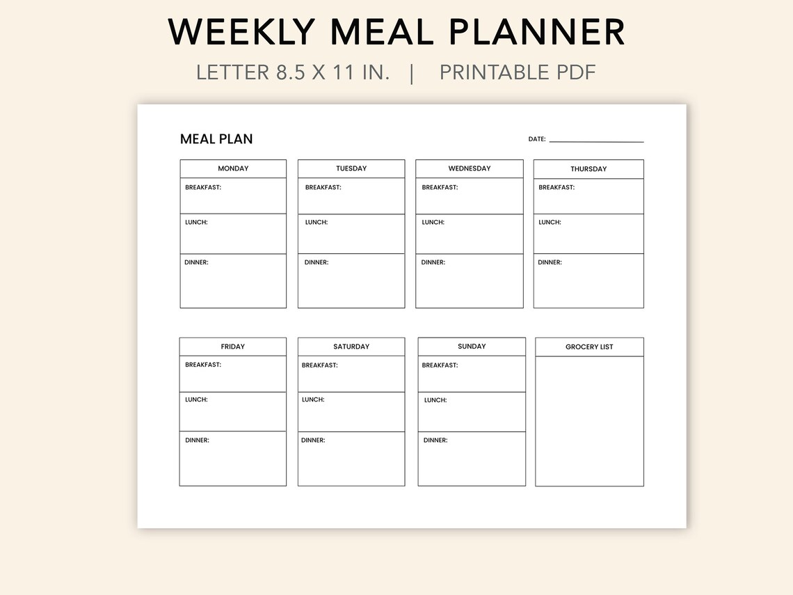 Weekly Meal Planner Printable, Minimalist Landscape (letter PDF) - Etsy