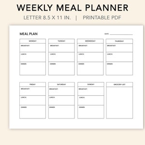 Weekly Meal Planner Printable Landscape, Minimalist Meal Schedule, Weekly Meal Organizer, Letter