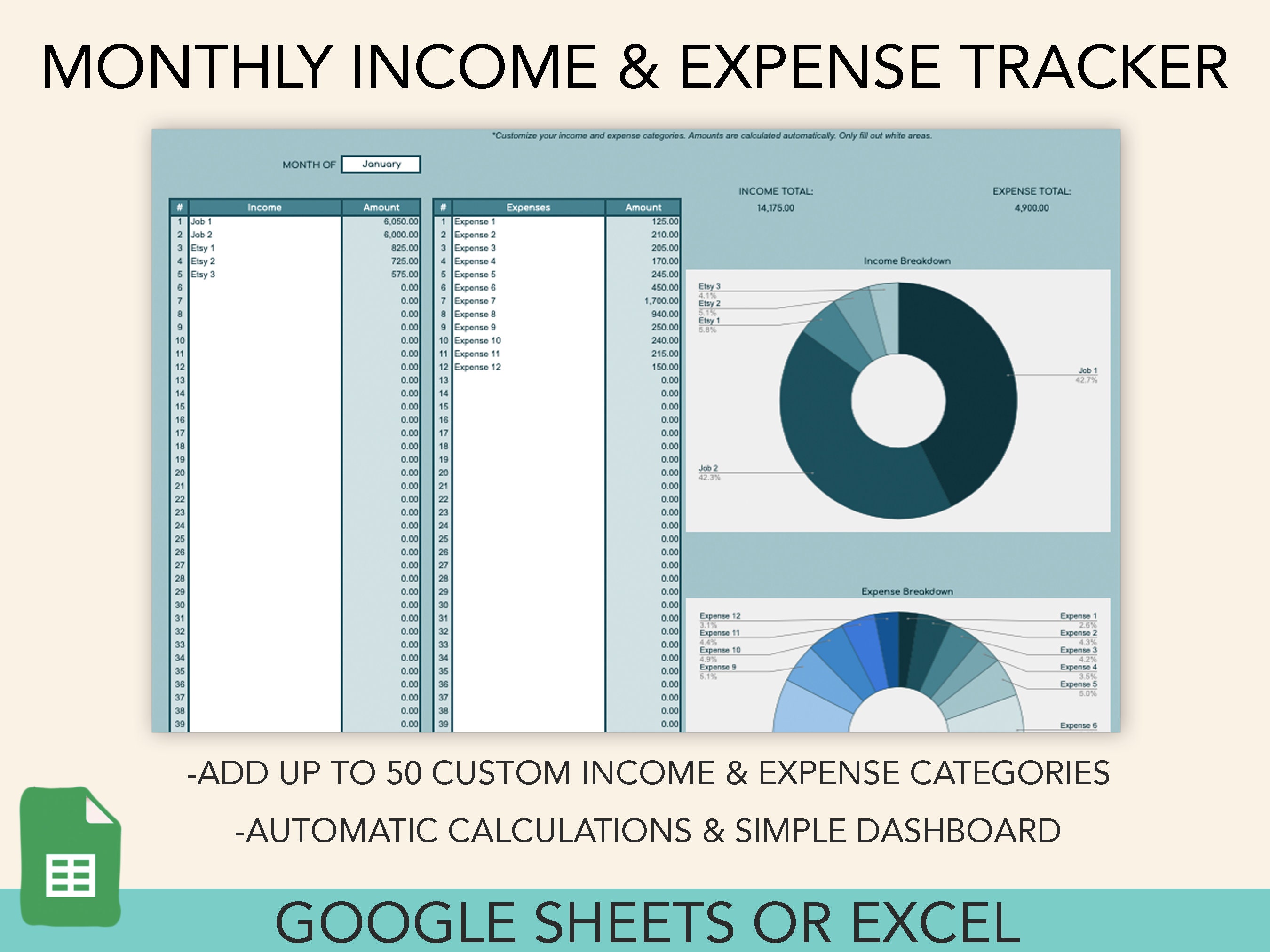 Monthly Income and Expense Tracker, Excel and Google Sheets (digital