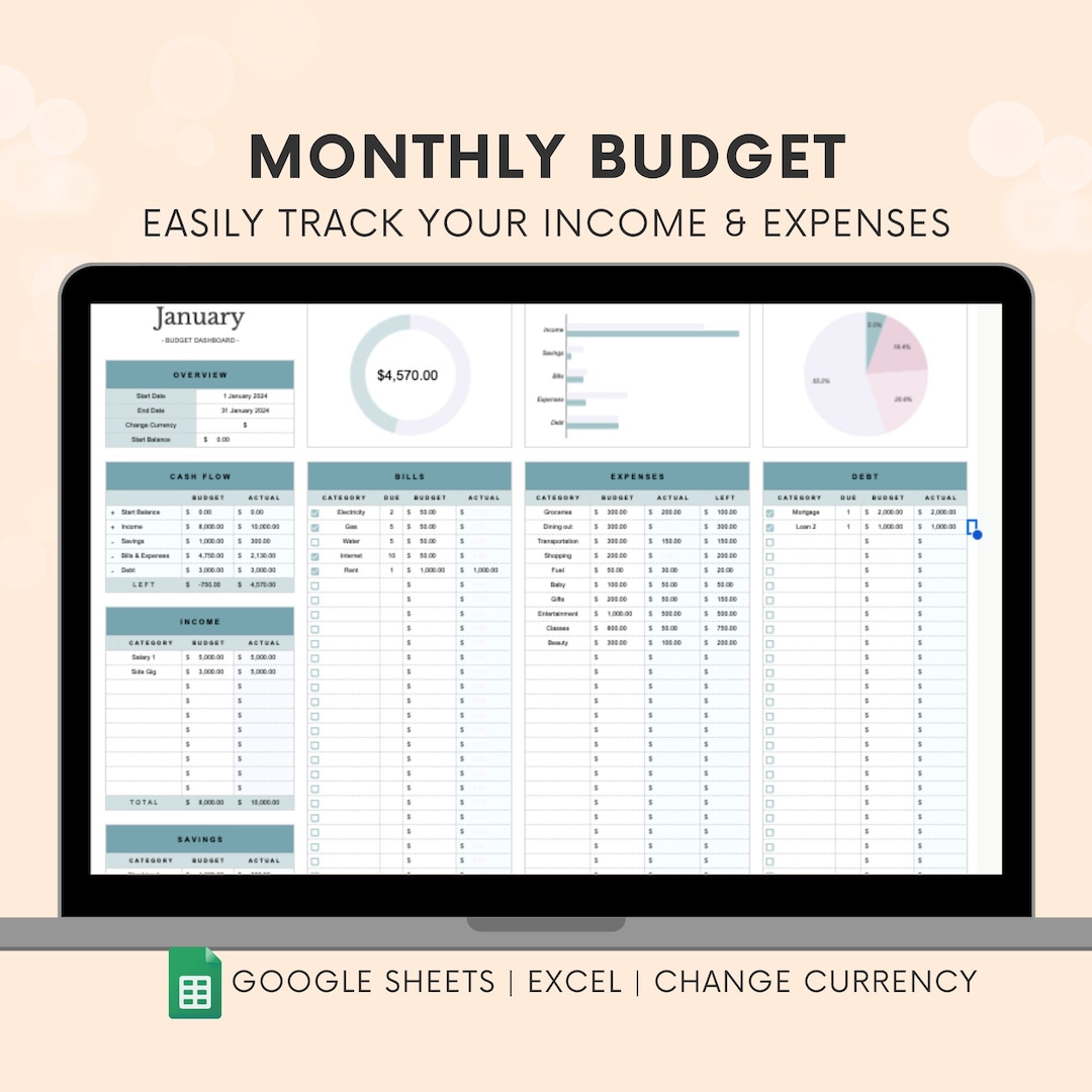 Budget Planner Google Sheets Monthly Budget Spreadsheet Paycheck Budget