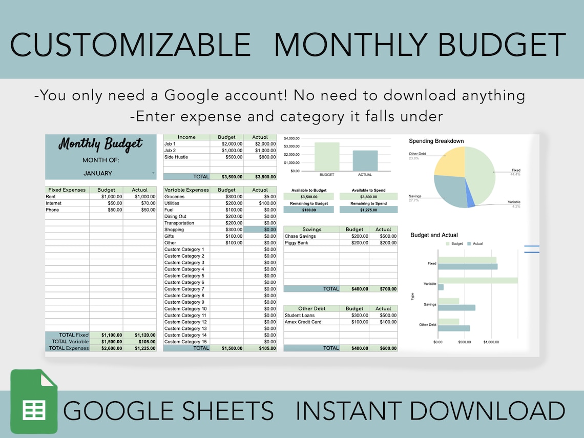 Simple Monthly Budget Spreadsheet, Google Sheets Budget Template, Easy Simple Monthly Budget Spreadsheet, Google Sheets Budget Template, Easy