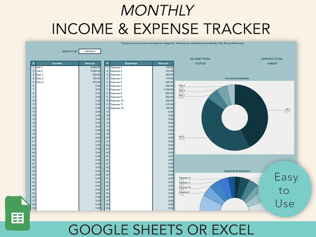 Monthly Income and Expense Tracker, Excel and Google Sheets (digital
