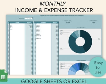 Puede incluir: Una plantilla de hoja de cálculo de seguimiento de ingresos y gastos mensuales en azul y turquesa para Google Sheets o Excel. La plantilla incluye una sección para ingresos y gastos, con un desglose en gráfico circular de cada uno. El texto "Fácil de usar" está en un círculo blanco con un borde turquesa.