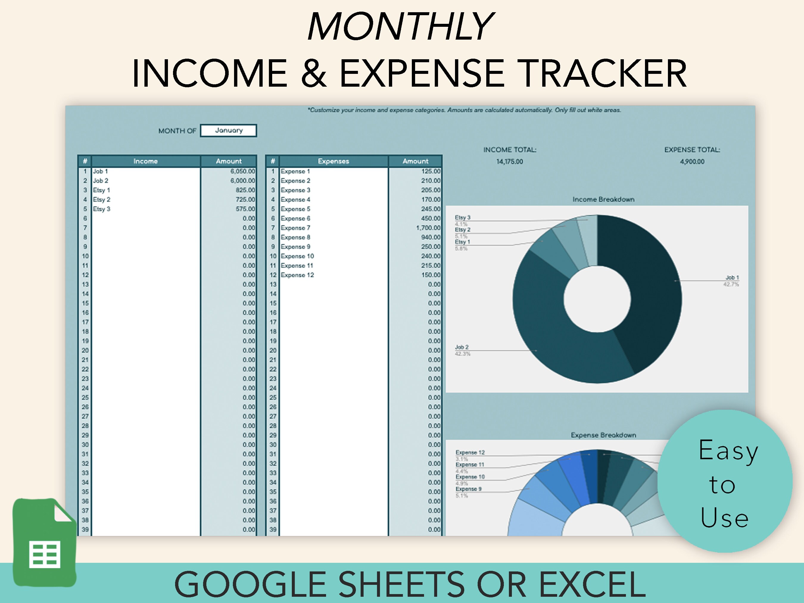 Monthly Income and Expense Tracker, Excel and Google Sheets (digital ...