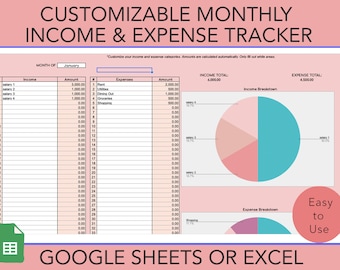 Registro mensual de ingresos y gastos, Google Sheets, Excel (Descarga digital)