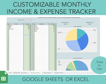 Puede incluir: Una plantilla de hoja de cálculo de seguimiento de ingresos y gastos mensuales personalizable en formato Google Sheets o Excel. La plantilla incluye una sección para ingresos y gastos, con un desglose de cada categoría. La plantilla también incluye un gráfico circular para ingresos y gastos.