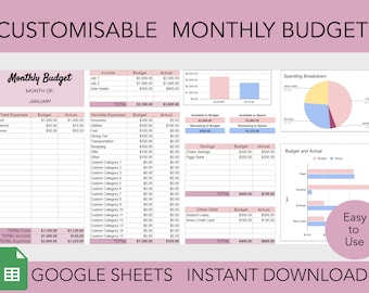 Modèle de budget mensuel Google Sheets, tableau de bord personnalisable (téléchargement numérique)